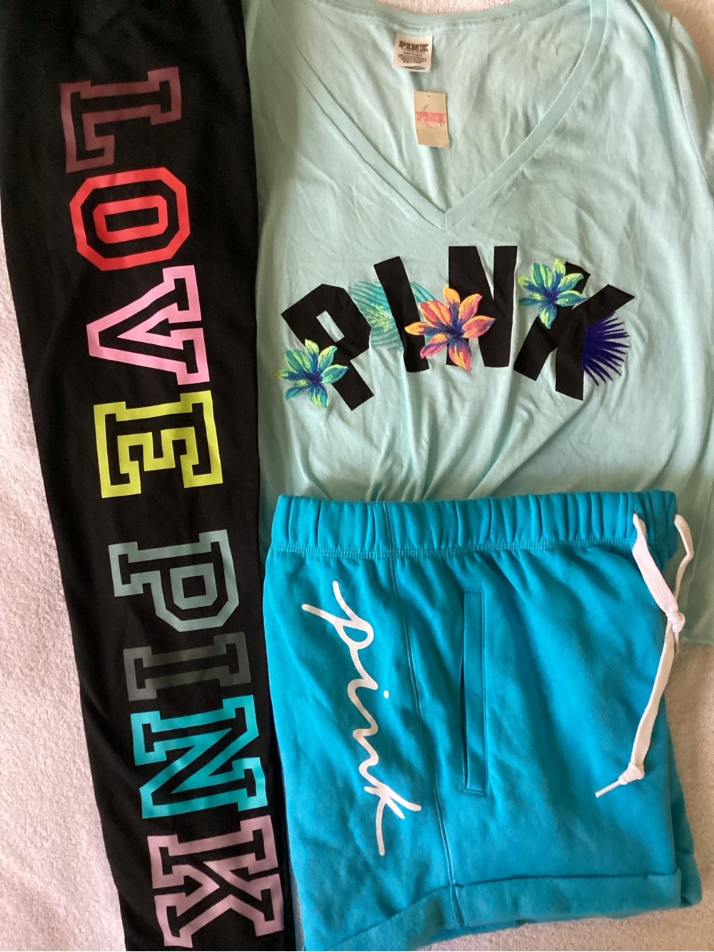 Victoria’s Secret PINK Tropical Floral Crop Shirt Shorts Rainbow Leggings L NWT